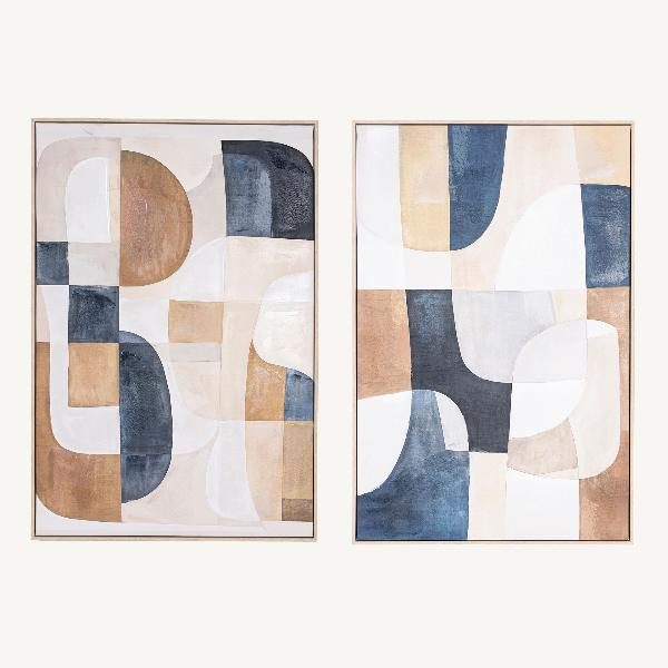 SET 2 LIENZOS OLEO 60X90 CM. MARCO ROBLE, FORMAS GEOMÉTRICAS AZUL Y TIERRA (A)