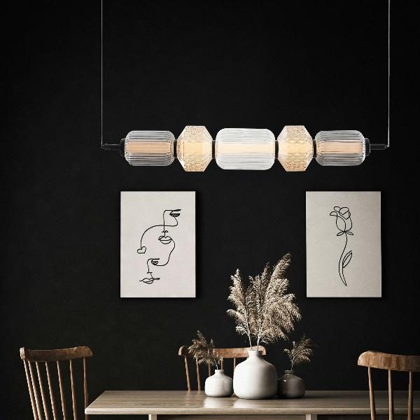 LÁMPARA TECHO BOHEME 109*15/163 CM. CRISTAL TALLADO ÁMBAR TRANSPARENTE Y AHÚMADO. BASE NEGRA