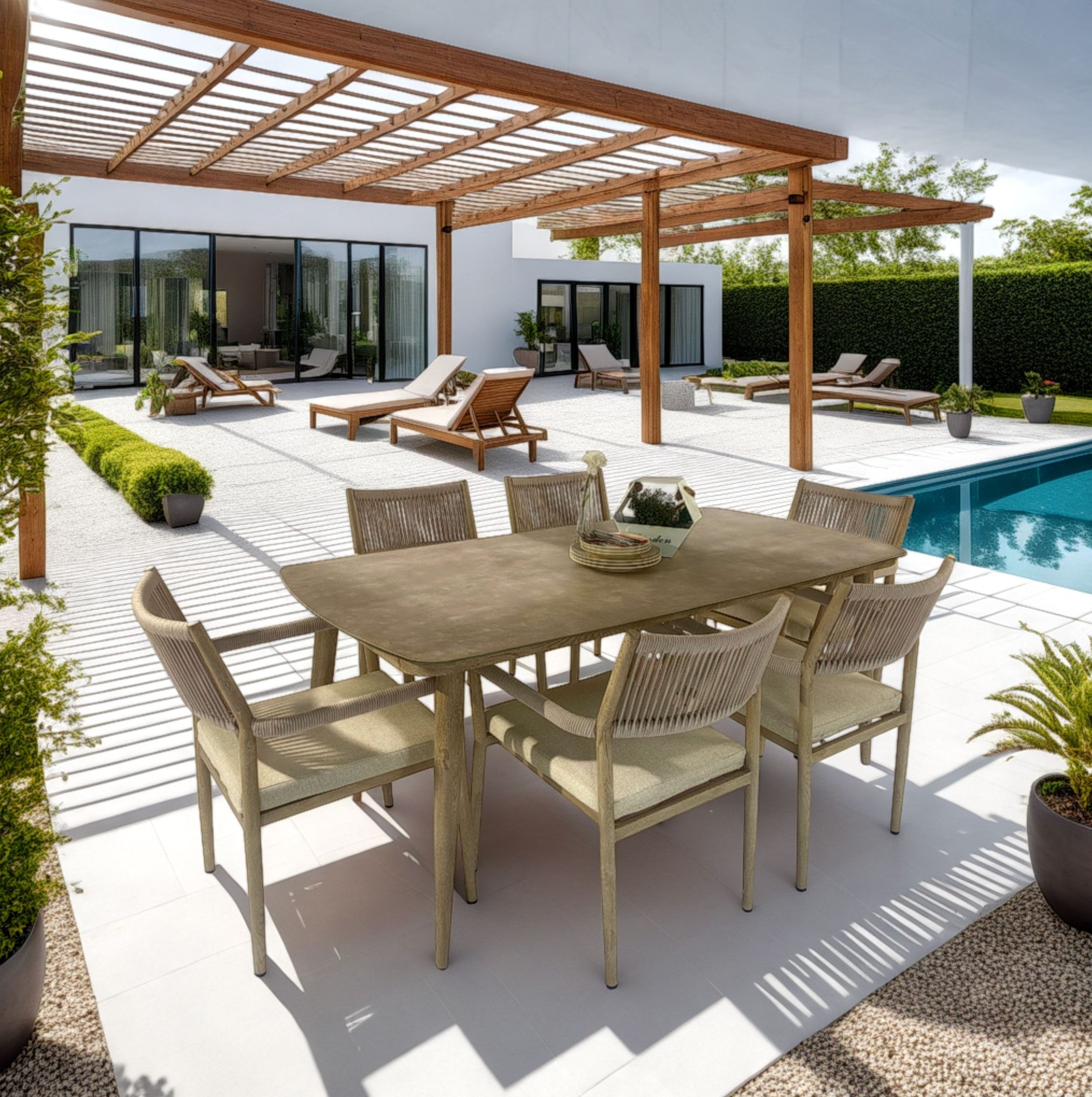 Ensemble de terrasse Macarella, table 180*90cm et 6 chaises en aluminium effet bois avec assises beiges