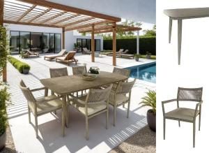 Ensemble de terrasse Macarella, table 180*90cm et 6 chaises en aluminium effet bois avec assises beiges