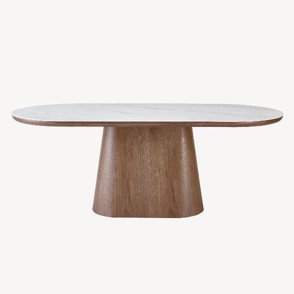 MESA COMEDOR TAPA OVALADA 200*90*75CM, TAPA PORCELANICO BLANCO, PIE CHAPA NOGAL