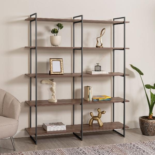ESTANTERIA DALT 3 BASES METAL NEGRO CON 5 BALDAS NOGAL DE 150 CM. 150*40*181 CM