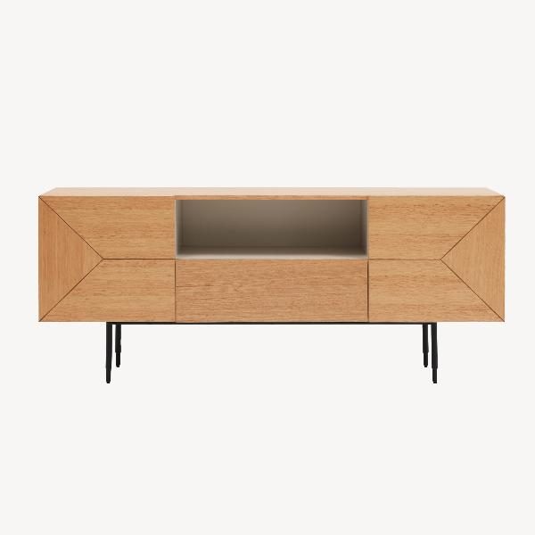 APARADOR KALMAR 180*40*76 CM. CHAPA DE ROBLE NATURAL Y LACADO AQUAMARINA. PATAS METAL NEGRO (KIT)