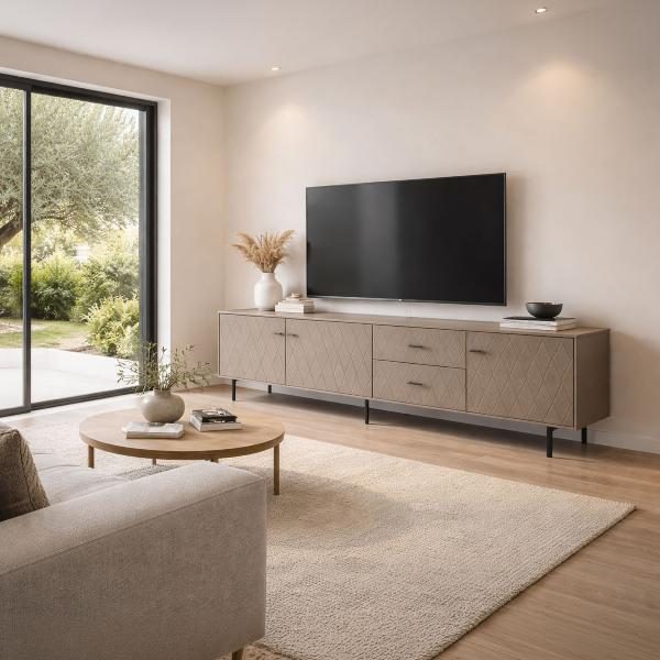 MUEBLE TV DIAMOND 3 PUERTAS + 2 CAJONES, VISAGRAS Y CAJONES DE FRENO 222*50.5*40 CM. LACADO PERLADO