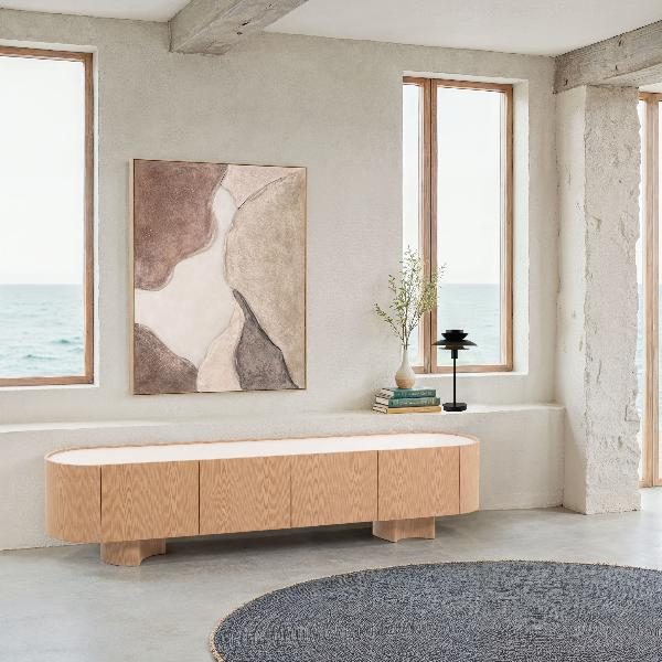 MUEBLE TV POMPEYA. 3 PUERTAS. CHAPA ROBLE Y PORCELÁNICO BLANCO. 221*45.5*50 CM