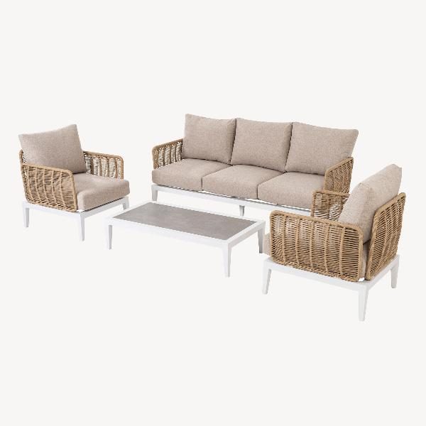 SET TERRAZA GRANADELLA, SOFAS Y MESA DE CENTRO ALUMINIO BLANCO, CUERDA SINTETICA Y ASIENTOS BEIGE