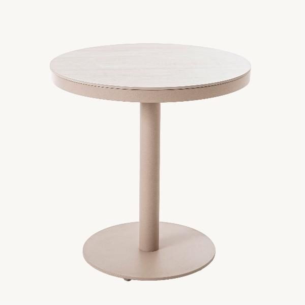 MESA REDONDA ANDREA 70 CM, ALUMINIO BEIGE Y TAPA PORCELANICO EFECTO MARMOL BEIGE. 70*70*74 CM