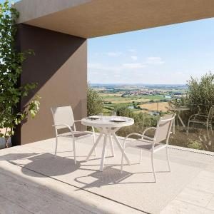 Mesa redonda Martina 80 cm diametro, aluminio blanco y tapa efecto marmol beige