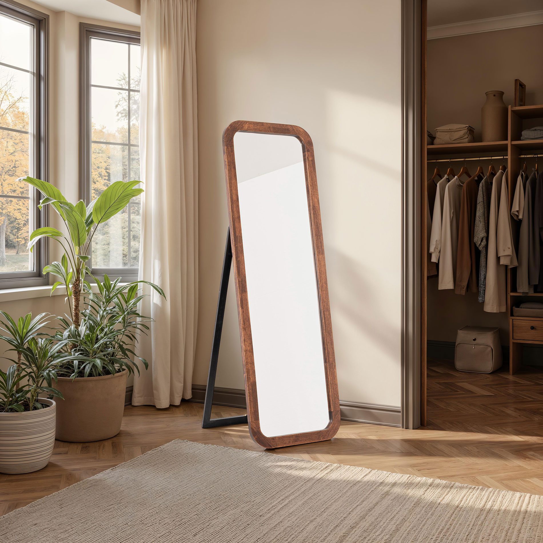 Espejo de suelo con marco de madera nogal