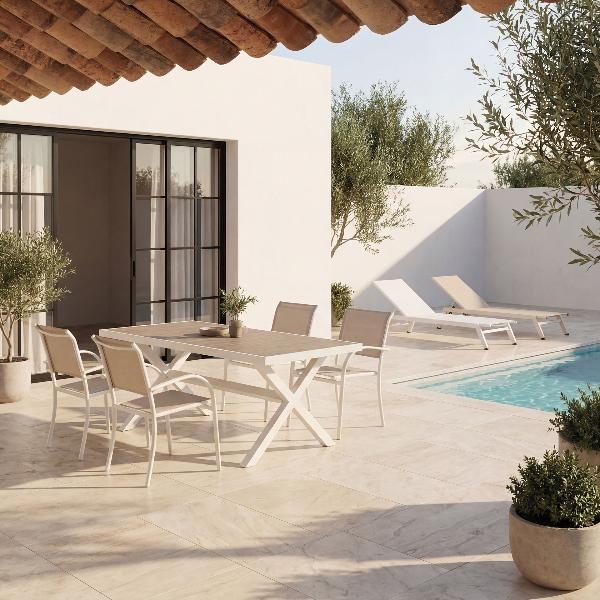 SILLA VALENTINA APILABLE, ALUMINIO BLANCO Y TEXTILENE BEIGE. 86*56*64 CM