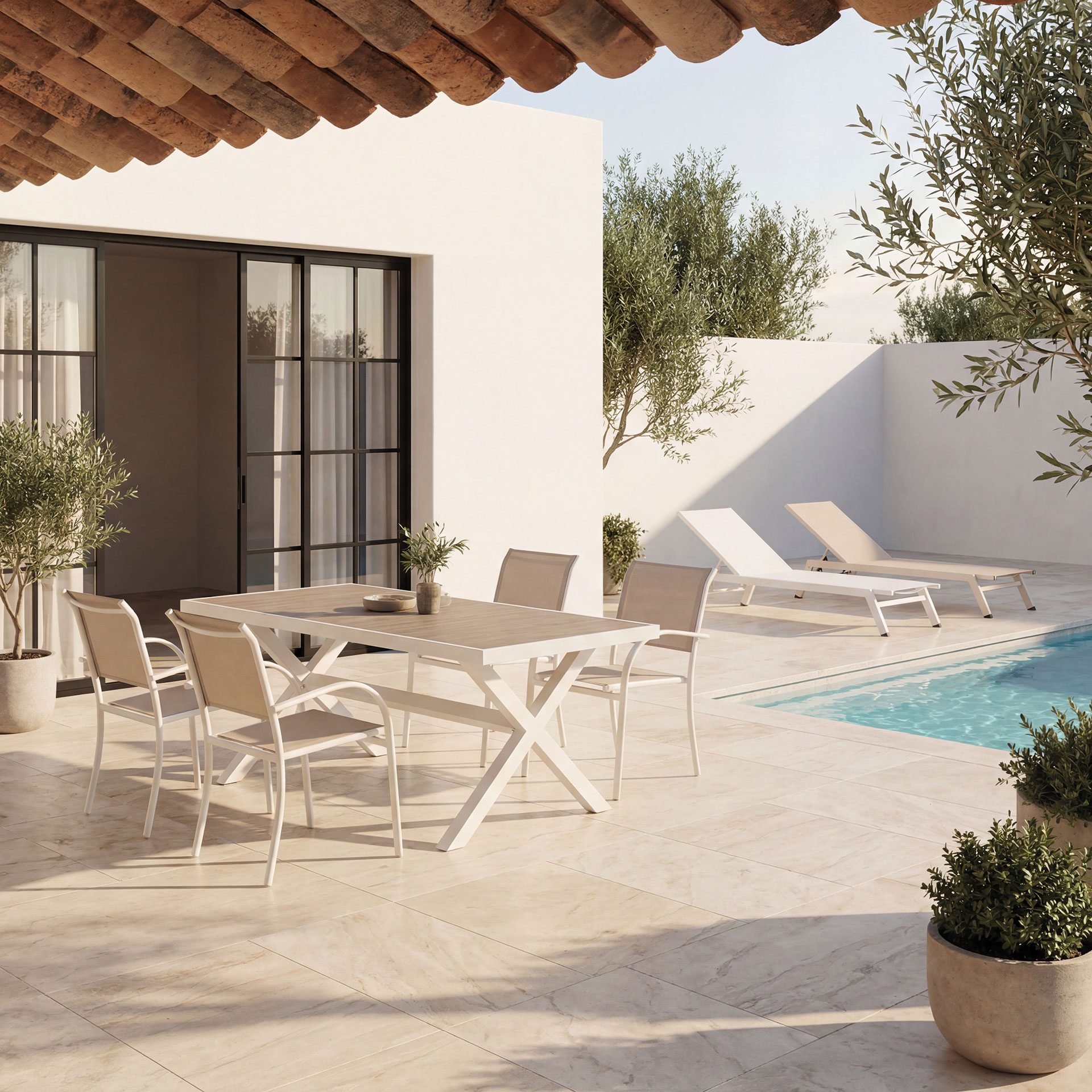 Chaise empilable Valentina, aluminium blanc et textilène beige