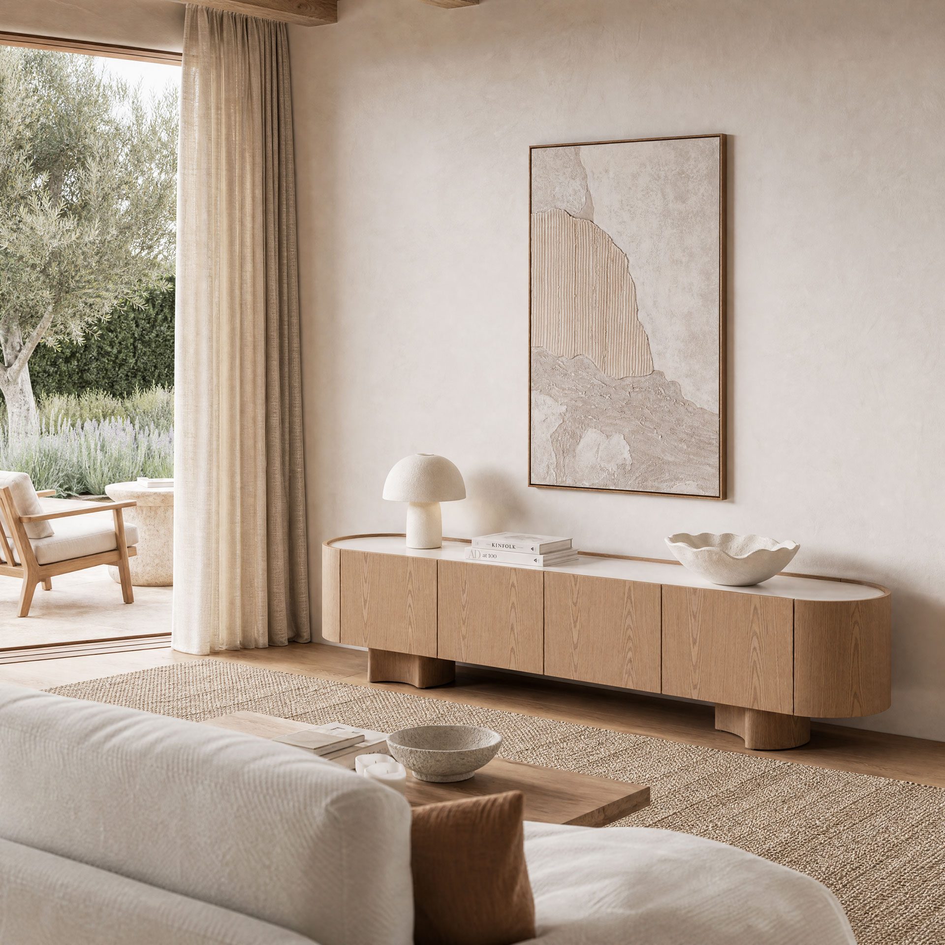 Mueble TV Pompeya chapa roble y porcelánico 221 cm