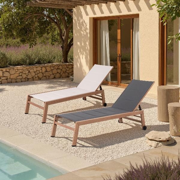 TUMBONA RECLINABLE DE EXTERIOR OLIVIA, BASE ALUMINIO EFECTO MADERA CON TEXTILENE BLANCO. 164/198*60.5*36/95 CM