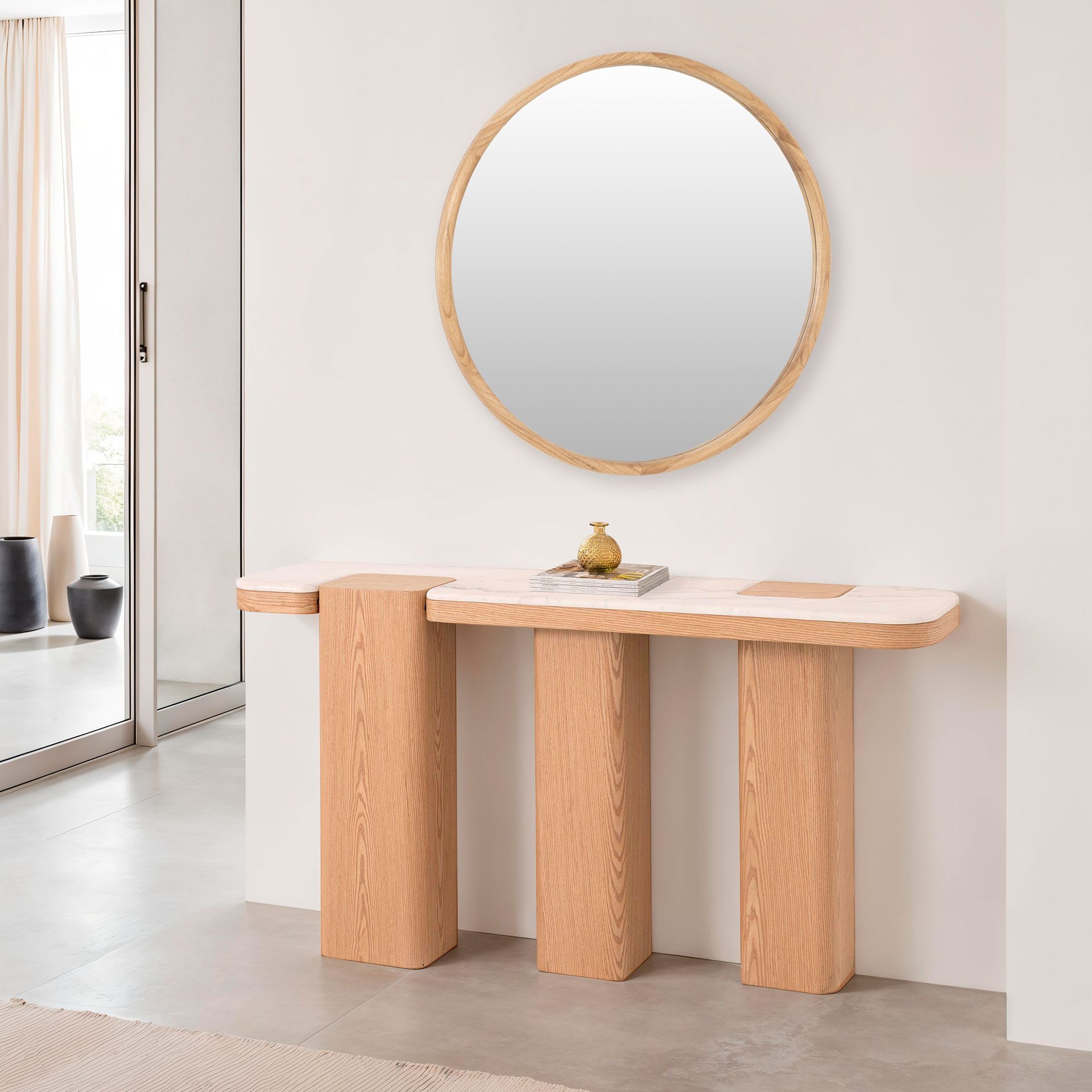 Consola Delfos, chapa roble y porcelanico blanco