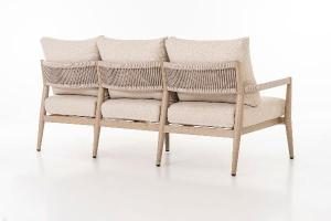 Set terraza Formentor, sofa, 2 butacas y mesa centro aluminio imitación madera y asiento beige