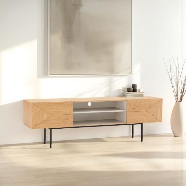 MUEBLE TV KALMAR 180*40*58 CM. CHAPA DE ROBLE NATURAL Y LACADO AQUAMARINA. PATAS METAL NEGRO (KIT)