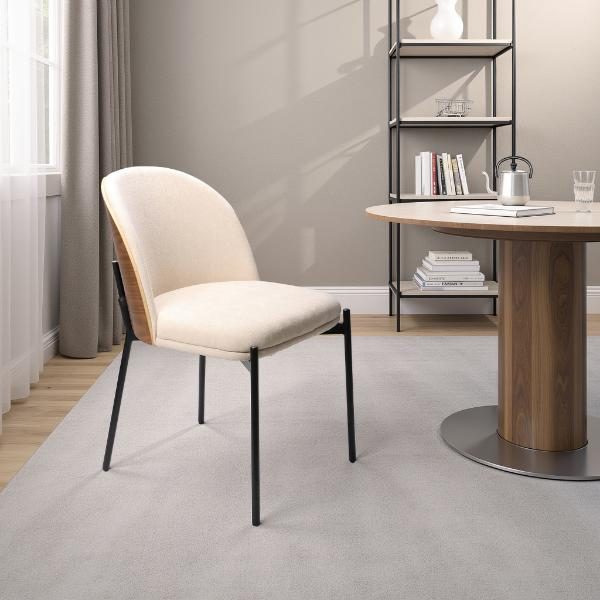 SILLA INGRID 80*51*59 CM, ASIENTO CHAPA NOGAL CURVADO, TAPIZADO BEIGE Y PATAS METALICAS EN NEGRO, TEJIDO AQUACLEAN