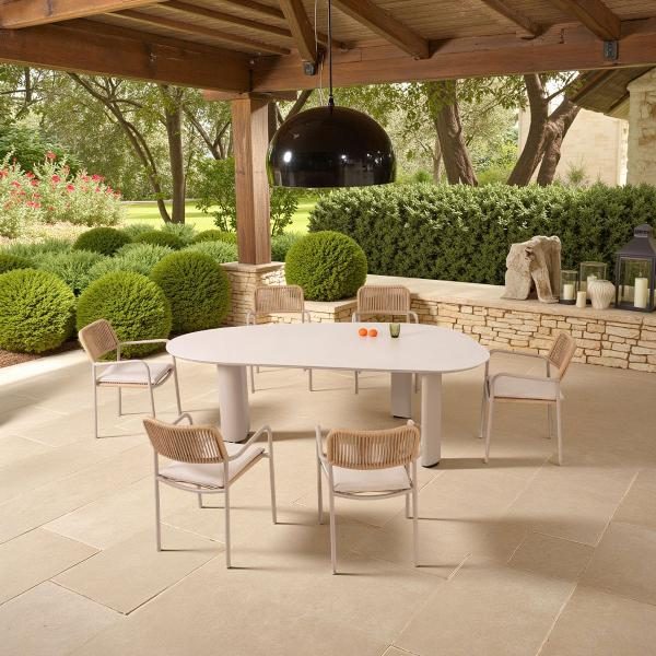MESA PARA EXTERIOR PAULA 240*120*75 CM, ALUMINIO BEIGE Y PORCELANICO EFECTO MARMOL BEIGE
