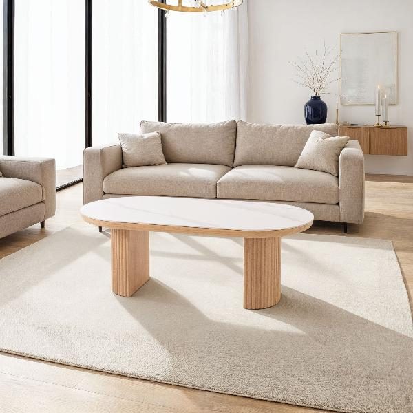 MESA CENTRO SOFA 120*45*60 CM. TAPA PORCELANICO BLANCO, PIE CHAPA ROBLE CON PALILLERIA