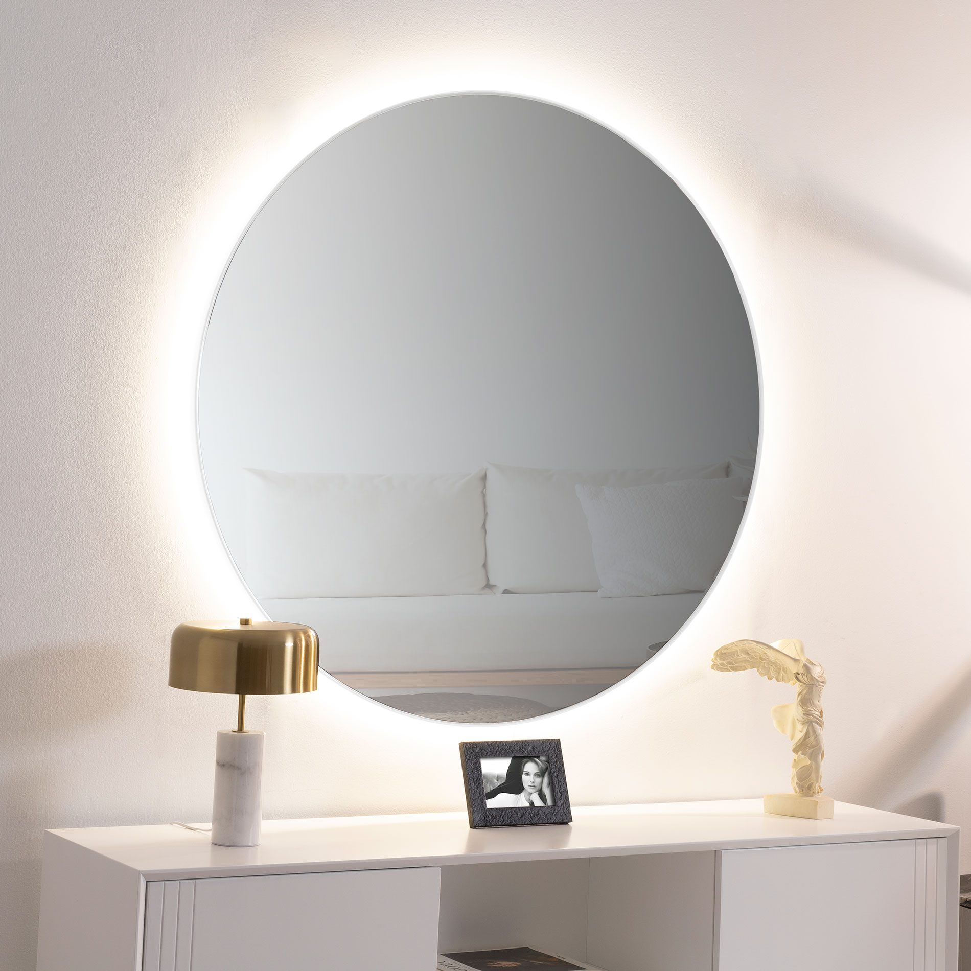 Espejo luz led resina blanco redondo 80 cm