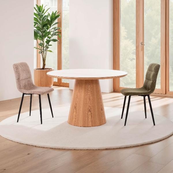 MESA COMEDOR REDONDA 120 CM. TAPA PORCELANICO BLANCO, PIE CHAPA ROBLE. ALTURA 76 CM