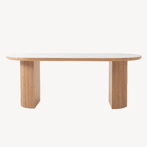 MESA COMEDOR OVALADA 200*90*76CM, TAPA PORCELANICO BLANCO, PIE CHAPA ROBLE CON PALILLERIA