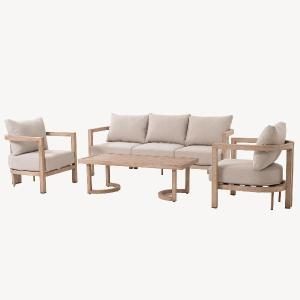 Set exterior Ava, Sofa, 2 butacas y mesa sofa aluminio efecto madera y tejido beige