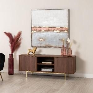 TV cabinet 2 doors + 2 holes, walnut melamine, metal base