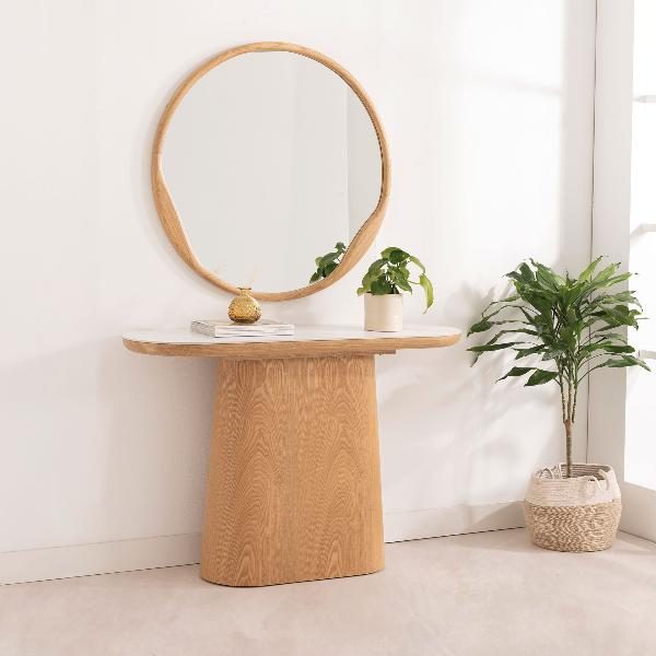 CONSOLA 120*80*40 CM. TAPA PORCELANICO BLANCO, PIE CHAPA MADERA ROBLE