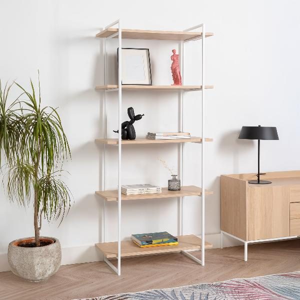 ESTANTERIA DALT 2 BASES METAL BLANCO CON 5 BALDAS ROBLE DE 80 CM. 80*40*180 CM