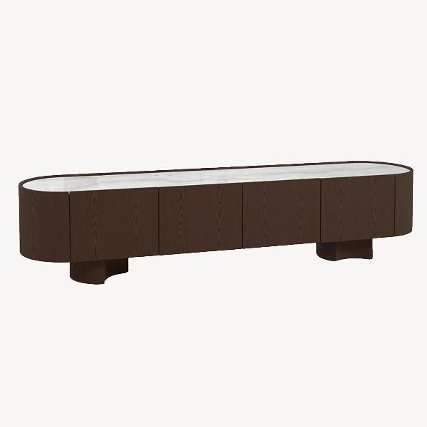 MUEBLE TV POMPEYA. 3 PUERTAS. CHAPA NOGAL Y PORCELÁNICO BLANCO. 221*45.5*50 CM