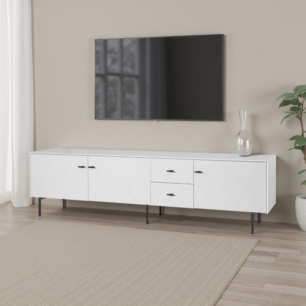 MUEBLE TV DIAMOND 3 PUERTAS + 2 CAJONES, VISAGRAS Y CAJONES DE FRENO 222*50.5*40 CM. LACADO BLANCO
