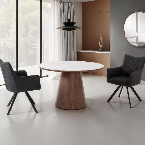 MESA COMEDOR REDONDA 120 CM. TAPA PORCELANICO BLANCO, PIE CHAPA NOGAL. ALTURA 76 CM