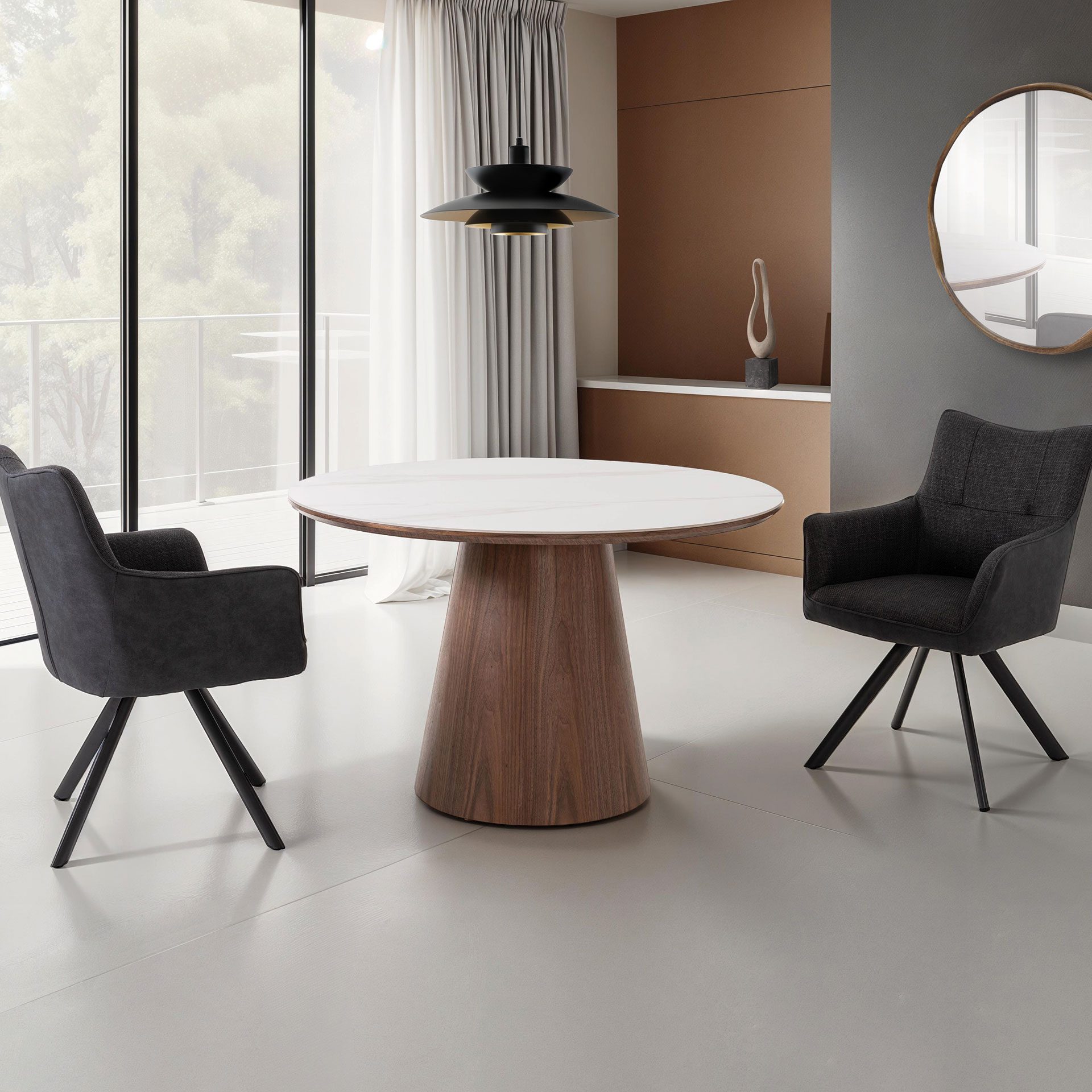 Mesa comedor 120 cm. Chapa nogal y pórcelanico blanco