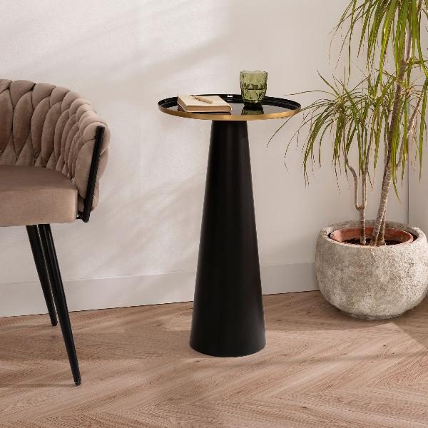 MESA AUXILIAR 71*40*40 CM. BASE METAL ESMALTADO NEGRO CON RIBETE DORADO EN TAPA