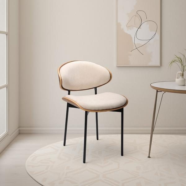 SILLA LENA 75*50*55 CM, ASIENTO CHAPA NOGAL CURVADO, TAPIZADO BEIGE Y PATAS METALICAS EN NEGRO, TEJIDO AQUACLEAN