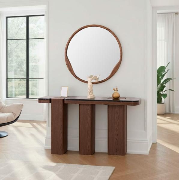 CONSOLA DELFOS. CHAPA MADERA NOGAL Y TAPA PORCELÁNICO BLANCO. 150*80*35 CM