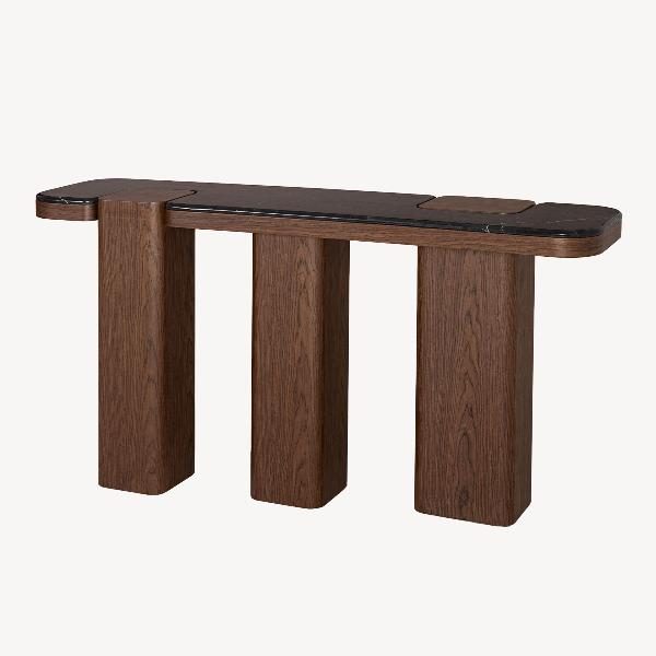 CONSOLA DELFOS. CHAPA MADERA NOGAL Y TAPA PORCELÁNICO BLANCO. 150*80*35 CM