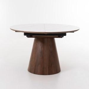 Mesa comedor extensible 120/160*76 cm, chapa nogal y pórcelanico blanco